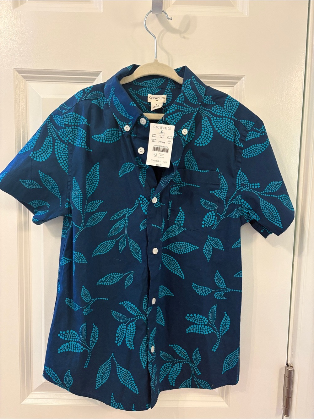 Crewcuts Navy Short-Sleeve Button-Down Shirt with Teal Leaf Print